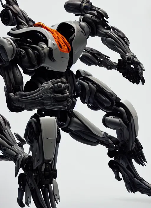 Image similar to a Photorealistic dramatic hyperrealistic full frame render of a Sleek futuristic exosuit Freedom Formula Racing Mech,Ultra realistic details,glossy white metal,Orange racing stripes,weathered surfaces,by Hidetaka Tenjin,Yoh Yoshinori,Yoji Shinkawa,Masamune Shirow,Beautiful dramatic dark moody tones and lighting,cinematic atmosphere,studio lighting,shadows,dark background, Octane render,8K