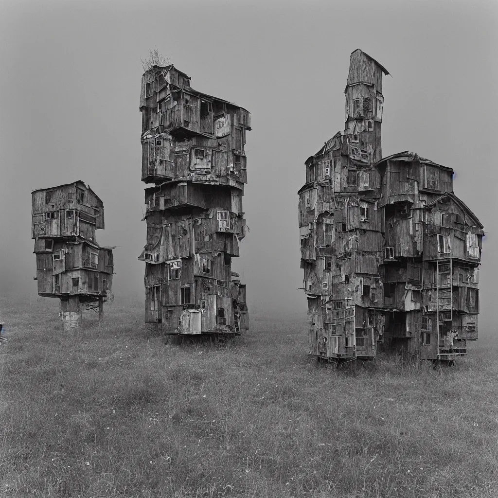 Image similar to two giant towers, made up of makeshift squatter shacks, misty, dystopia, mamiya rb 6 7, fully frontal view, very detailed, photographed by tarkovsky