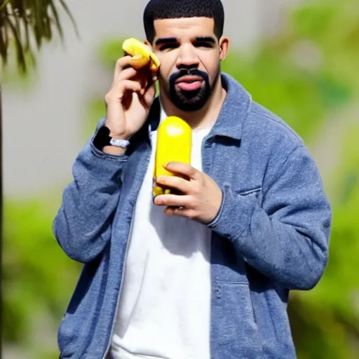 Prompt: drake holding a banana to his ear pretending he ’ s on a phone call