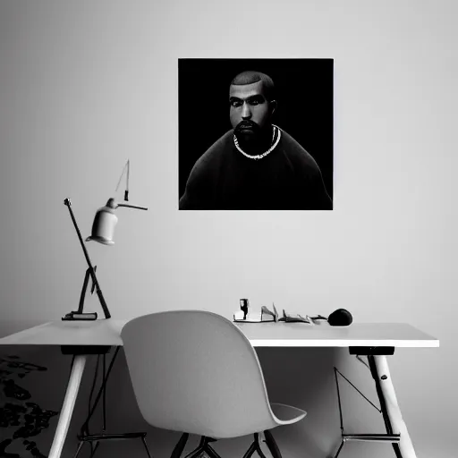 Image similar to a ( ( chiaroscuro lighting portrait ) ) of kanye west ( ( ( dressed as teddy bear mascot ) ) ), black background, portrait by julia margaret cameron, shallow depth of field, 8 0 mm, f 1. 8