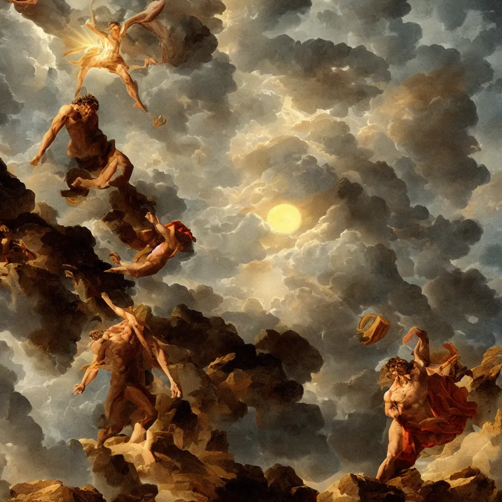 Prompt: a digital painting of Zeus descending from mount Olympus