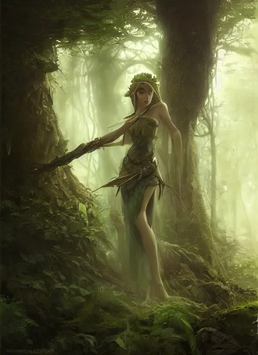 Image similar to female seductive forest legend of zelda queen of nature, beautiful face, rule of thirds, intricate outfit, backlit, by art germ, greg rutkowski, by jeremy mann, digital painting