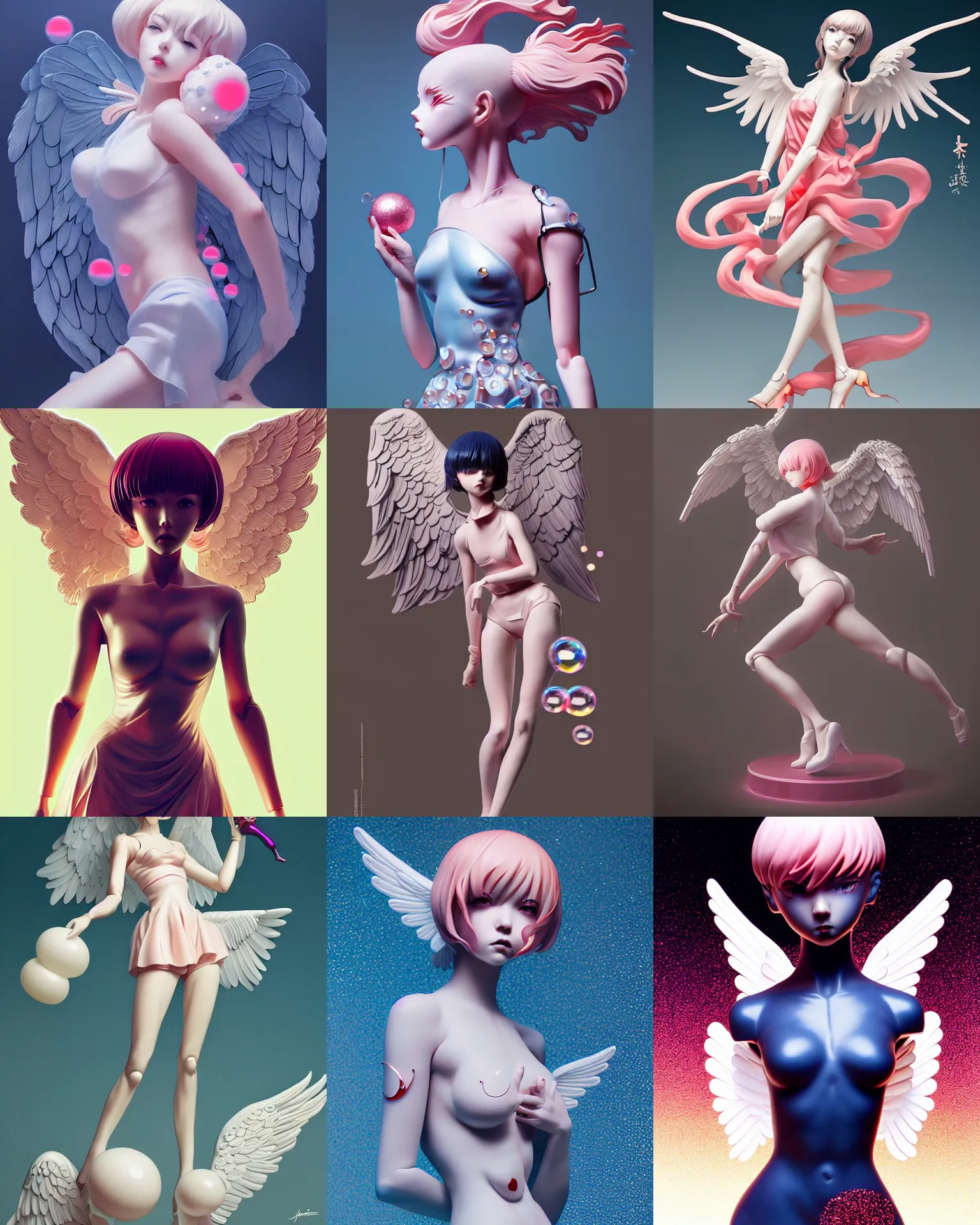 Prompt: james jean, wlop, ilya kuvshinov isolated vinyl figure angel bubbles, expert figure photography, dynamic pose, interesting color palette material effects, glitter accents on figure, anime stylized, accurate proportions artgerm realism, high delicate defined details, holographic undertones, ethereal lighting, editorial awarded