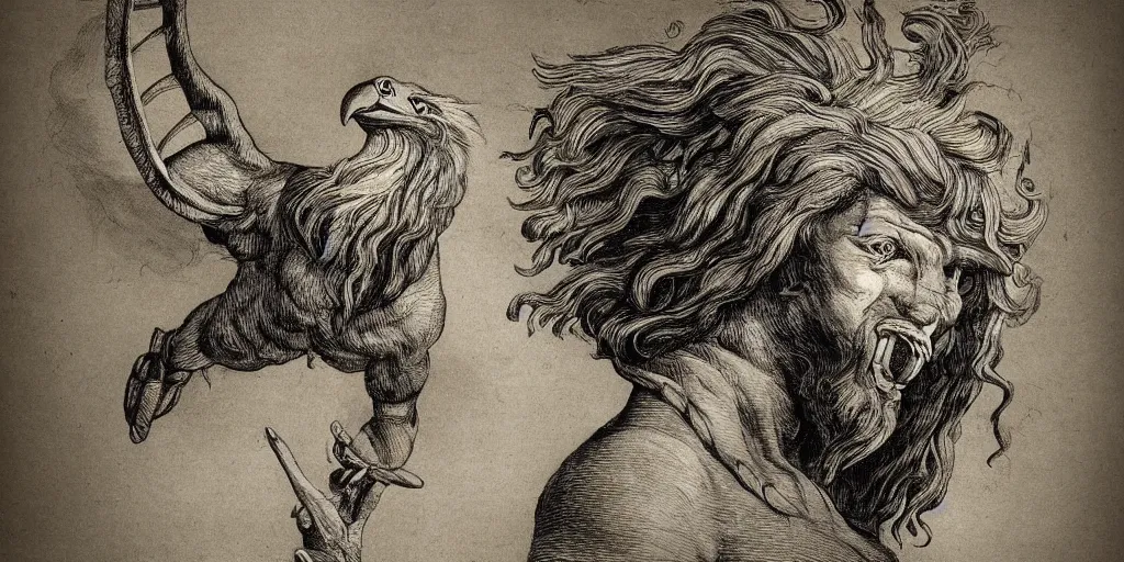 Image similar to human / eagle / lion / ox hybrid. horns, beak, mane, human body. drawn by da vinci