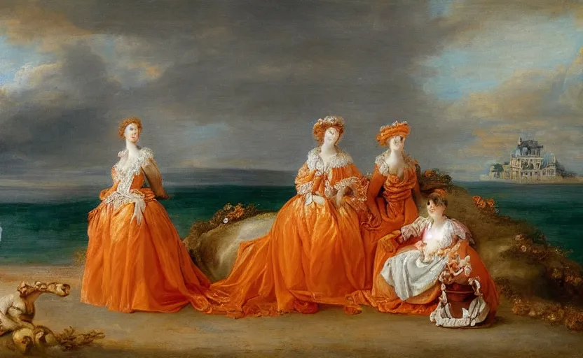 Image similar to oil painting of a house made of cheetos, beach in the background, rococo style, in the style of antoine watteau, johann baptist zimmerman, extremely detailed