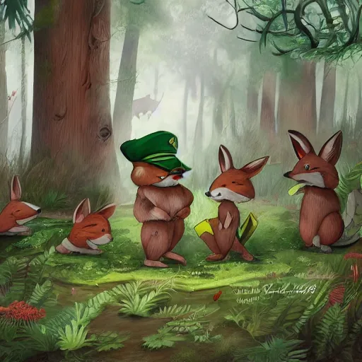 Image similar to 3 woodland critters, resistance, communist, bunny, mouse, fox, political meeting in the woods, antropomorphic, fantasy digital art, art station, green flags, green hats