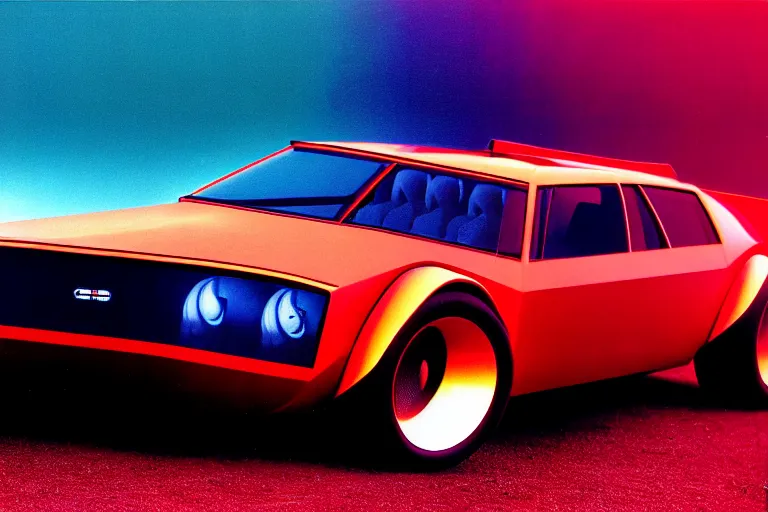 Prompt: designed by giorgetto giugiaro stylized poster of mad max's pursuit special v 8 interceptor concept, thick neon lights, ektachrome photograph, volumetric lighting, f 8 aperture, cinematic eastman 5 3 8 4 film