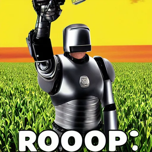 Image similar to A corn on the cob as robocop: robocrop. Movie poster.