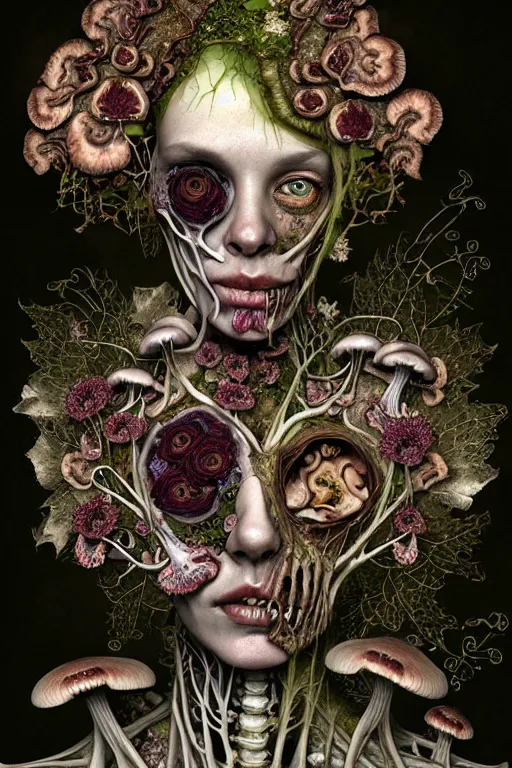 Image similar to very sad and detailed rotten woman corpse with fractal plants and fractal flowers and mushrooms growing around, face muscles, veins, arteries, bones, anatomical, intricate, ornate, surreal, ray caesar, john constable, guy denning, dan hillier