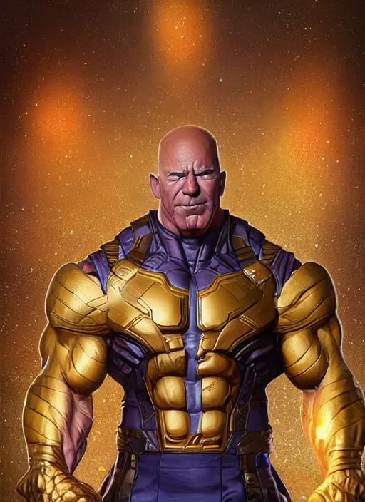 Image similar to jeff bezos is a muscular bodybuilder as thanos, au naturel, hyper detailed, digital art, trending in artstation, cinematic lighting, studio quality, smooth render, unreal engine 5 rendered, octane rendered, art style by klimt and nixeu and ian sprigger and wlop and krenz cushart.