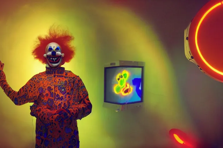 Image similar to friendly cyborg - clown emerging from a space portal in cyberspace, fractal, in 1 9 8 5, y 2 k cutecore clowncore, bathed in the glow of a crt television, crt screens in background, low - light photograph, in style of tyler mitchell