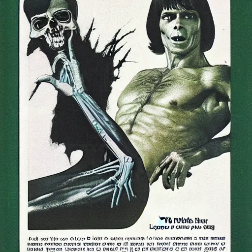 Prompt: 70s magazine scan of an horror movie ad, with veins,nerves and bones