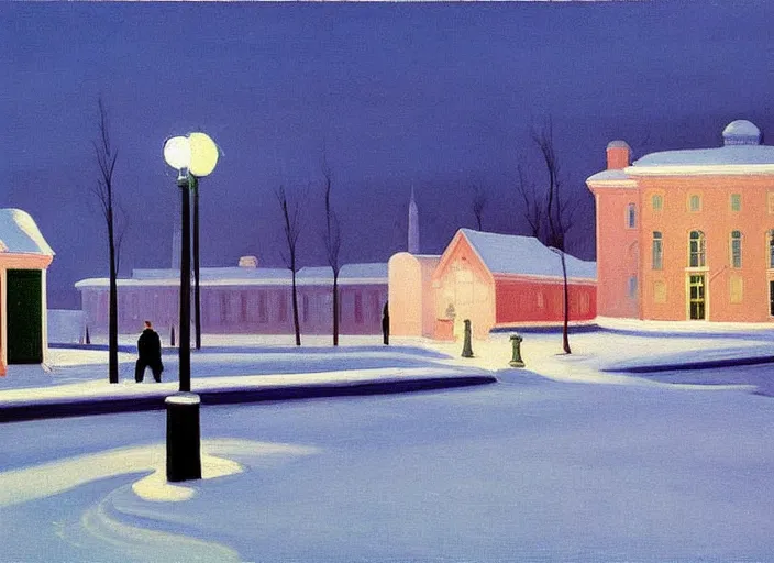 Prompt: a peaceful view of a helsinki on a winter evening, snowfall, cold color scheme, painting by edward hopper