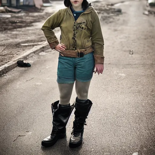 Image similar to Beautiful elegant female with smudged face, cosplaying as the Fallout 4 sole survivor, photographed on a slight overcast day on dilapitated street on Ikeshima island, Nikon D7100 with a Nikon 50mm F1.8, a Nikon 85mm F1.8, Golden hour, expressive face,