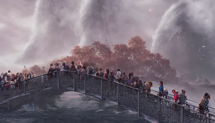 Prompt: people on a bridge watching tsunami coming to them, hyperdetailed, artstation, cgsociety, 8 k
