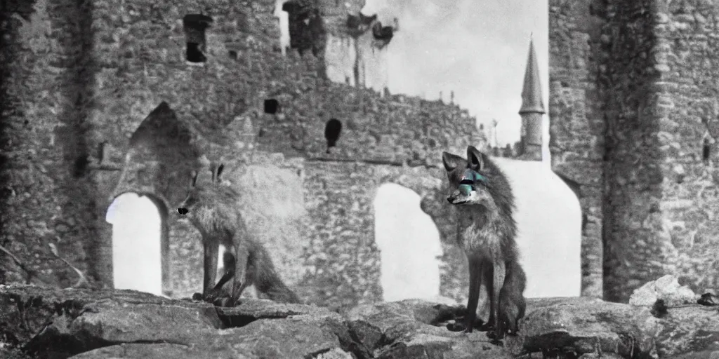 Prompt: anthropomorphic fox who is a medieval knight in front of a castle 1 9 3 0 s film still, ladislas starevich