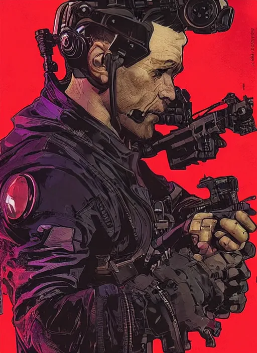 Prompt: cyberpunk blackops spy. vernon. stealth tech. portrait by ashley wood and alphonse mucha and laurie greasley and josan gonzalez and james gurney. spliner cell, apex legends, rb 6 s, hl 2, d & d, cyberpunk 2 0 7 7. realistic face. dystopian setting.