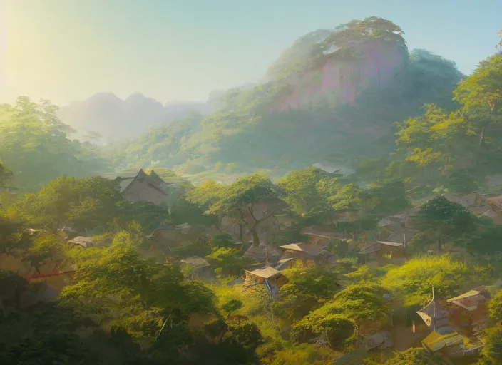 Image similar to concept art painting of a distant small woodland village in a valley seen from above, european japanese buildings, early morning, cel shaded, detailed, realistic, by makoto shinkai and moebius and greg rutkowski and james gurney