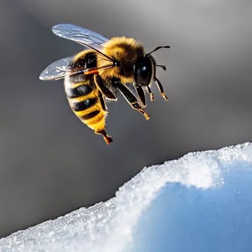 Prompt: a bee finding the last flower made of ice in antarctica, only snow i the background, beautiful macro photography, ambient light