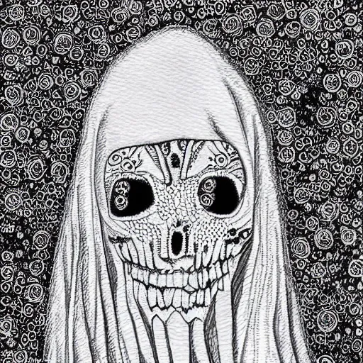 Image similar to sketched ghost made entirely of tiny ghosts, black and white sketch, highly intricate, tiny details, white background, 8 k, maximalist, extremely detailed