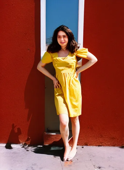 Image similar to a beautiful brown hair woman in a yellow sun dress in downtown Los Angelas, 50mm lens, Kodak Portra 400 film