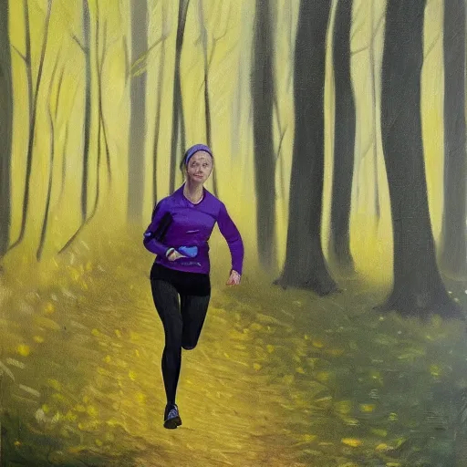 Prompt: a female orienteer wearing a yellow long - sleeved shirt and black tights runs in the forest, oil on canvas, trending on artstation.