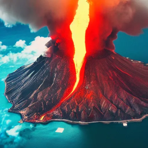 Image similar to eruption of vulcano, aerial view, dramatic lighting, cinematic