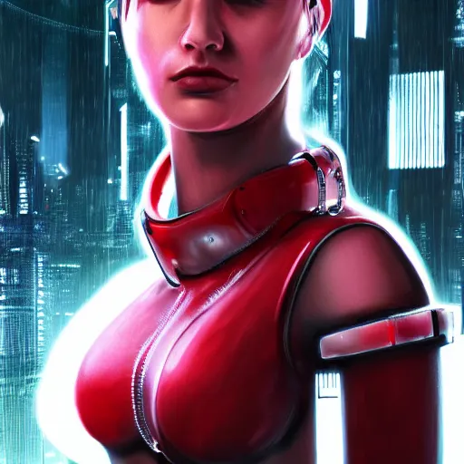 Image similar to realistic digital artwork of cyberpunk female wearing thick leather and steel collar, 4K, red highlights, symmetrical,