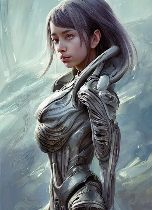 Image similar to a professional painting of a beautiful young female alien, clothed in ethereal armor, olive skin, long dark hair, beautiful bone structure, symmetrical facial features, intricate, elegant, digital painting, concept art, smooth, sharp focus, illustration, from Valerian and the City of a Thousand Planets, by Ruan Jia and Mandy Jurgens and Artgerm and William-Adolphe Bouguerea