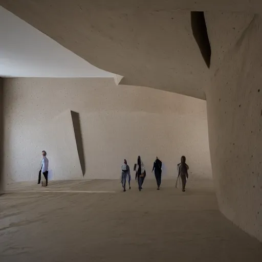 Prompt: indoor photo of a complex brutalist citadel made of 3 d printed rammed earth, people walking