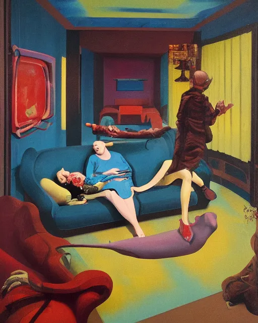 Image similar to old dead couple sitting on a couch and a person inside a large aquarium with clouds at red and yellow art deco interior room in the style of Francis Bacon and Syd Mead, open ceiling, highly detailed, painted by Francis Bacon and Edward Hopper, painted by James Gilleard, surrealism, airbrush, very coherent, triadic color scheme, art by Takato Yamamoto and James Jean