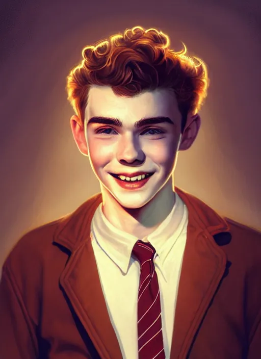 Image similar to portrait of teenage archie andrews, freckles, curly middle part haircut, curly hair, smiling kindly, friendly, 1 9 5 0 s, intricate, elegant, glowing lights, highly detailed, digital painting, artstation, concept art, smooth, sharp focus, illustration, art by wlop, mars ravelo and greg rutkowski