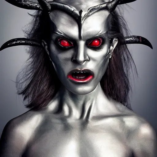 Prompt: a demon inspired by silver created by the make up artist hungry, photographed by andrew thomas huang, cinematic, expensive visual effects