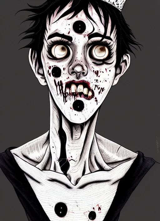 Image similar to junji ito style portrait of zombie teenage jughead jones wearing a light grey crown, photorealistic, zombie, crown, rotting skin, blind eyes, white eyes, crown, black hair, intricate, highly detailed, illustration, art by junji ito