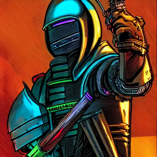 Prompt: a cyberpunk knight in heavy armor holding a large sword in a cyberpunk setting, comic book art, cyberpunk, art by stan lee,, colorful, bright high tech lights, dark, moody, dramatic, 8 0 s vibe, neon lines marvel comics, dc comics