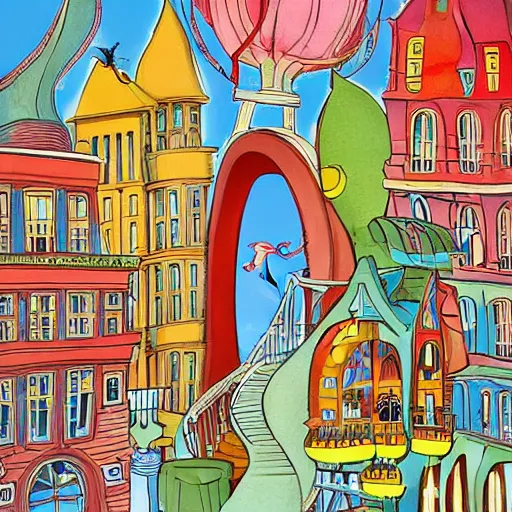 Image similar to fanciful city filled with curvy buildings, by dr seuss, oh the places you'll go, arches, platforms, towers, bridges, stairs, colorful kids book illustration