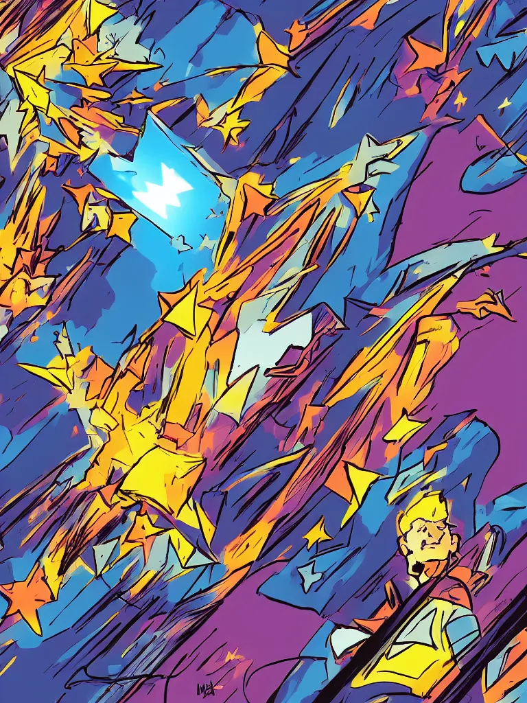 Image similar to magic universe wind coming out of a computer screen, mystical shootingstars, artstation, comic style, pop art, Jack Kirby