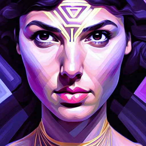 Image similar to Character Portrait Gal Gadot as Avatar Na’vi surrounded by geometric nodes, face, fantasy, intricate, elegant, highly detailed, digital painting, artstation, con*cept art, smooth, sharp focus, illustration, art by Greg Manchess and Fernanda Suarez and Artem Demura and alphonse mucha