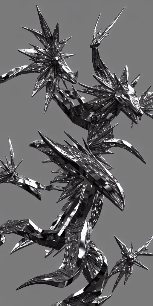 Prompt: 3 d photographic render of a chrome neotribal thorns and thunders sculpture, raytracing, hyper realistic, volumetric lightning, 8 k, by zhelong xu and ouchh studio