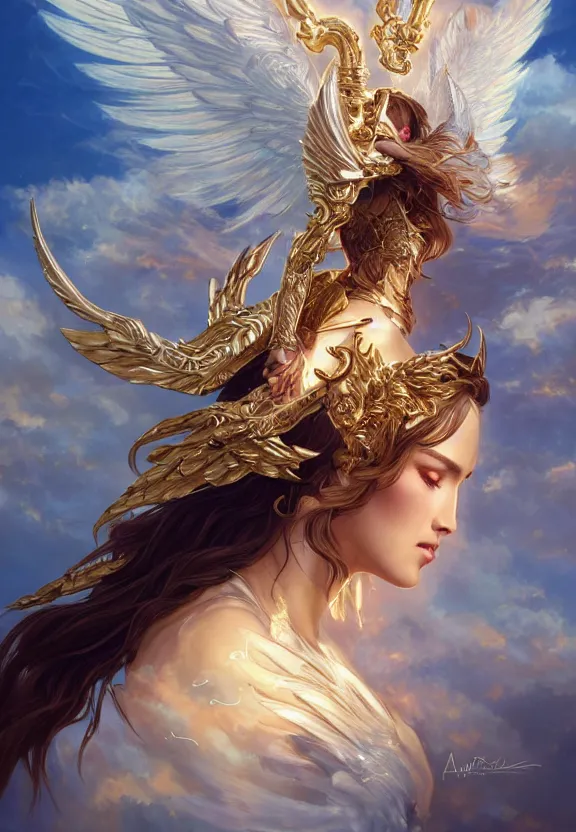 Image similar to A beautiful fierce angel with wings, wearing metal battle armor and a flaming sword, among heavenly sunlit clouds, intricate, elegant, detailed, digital painting, golden hour photography, profile shot, trending on artstation, concept art, smooth, sharp focus, illustration, art by artgerm and Greg Rutkowski and Alphonse Mucha