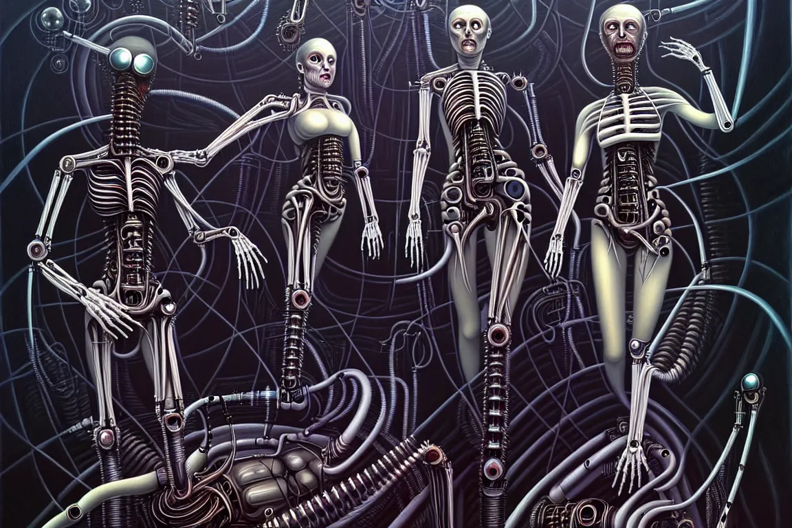 Image similar to A nightmarish dreamscape of two interconnected biomechanical android woman with surreal physiology, high details, surrealism, monochromatic airbrush painting, style of H. R. Giger