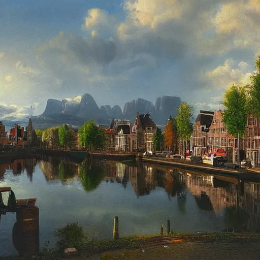 Prompt: the netherlands landscape amsterdam with mountains in the distance realistic photo high detail