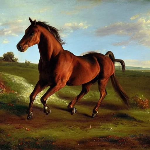 Image similar to a wide angle shot of a horse walking slowly. the scene is detailed and beautiful. the masterpiece painting uses a limited palette of colors, which are applied in a direct and expressive manner. the appearance is flat, with a two - dimensional quality. the composition is rhythmic.