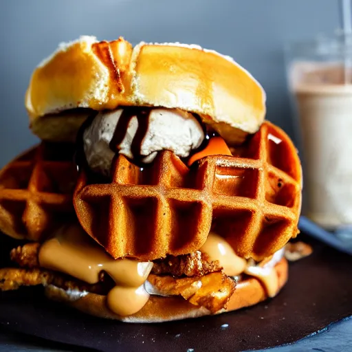 Image similar to photograph of a crispy Cajun fried chicken sandwich with Belgian Waffle Bun, maple syrup & hot fudge, ice cream on the side, 4K, HD