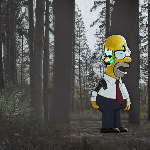 Image similar to Photorealistic homer Simpson in the woods creepy