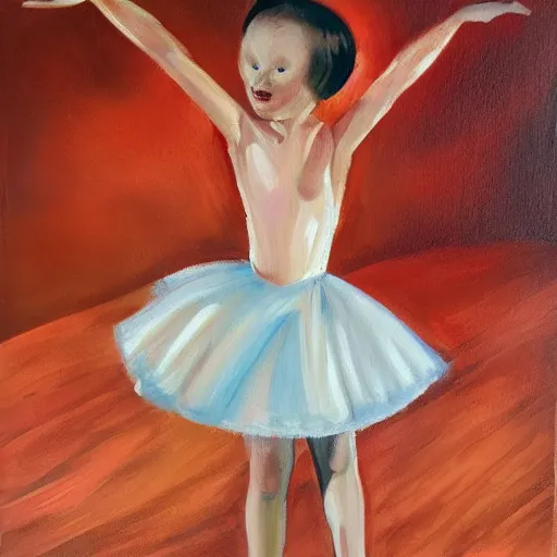 Image similar to painting of peanut with arms and legs and a face dancing ballet, studio, mirrors, lighting