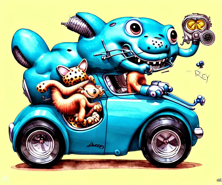 Image similar to cute and funny, baby jaguar wearing a helmet riding in a hot rod with oversized engine, ratfink style by ed roth, centered award winning watercolor pen illustration, isometric illustration by chihiro iwasaki, edited by range murata, tiny details by artgerm and watercolor girl, symmetrically isometrically centered, sharply focused