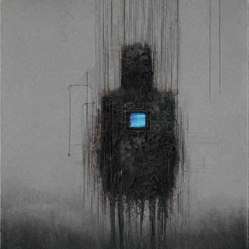 Image similar to robot ghost, glitch distortion, Unbearable Anxiety, by Stephen Gammell and Beksinski and Stalenhag.