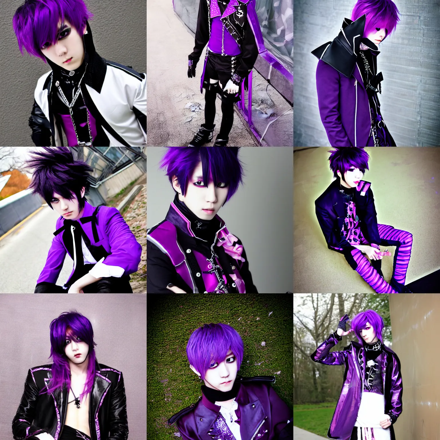 Prompt: male ulzzang with black and purple visual kei outfit, medium shot