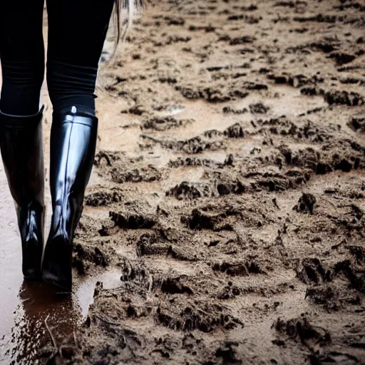 Image similar to a photo of a woman walking trough muddy nature in her shiny black platform boots, wedge heel, very chunky goth style, really muddy, close up of her feet and calves, 8k